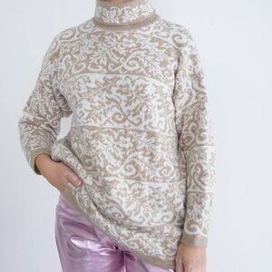 Vintage Adele Knitwear Beige Cream Knit Leaves Turtleneck Sweater M